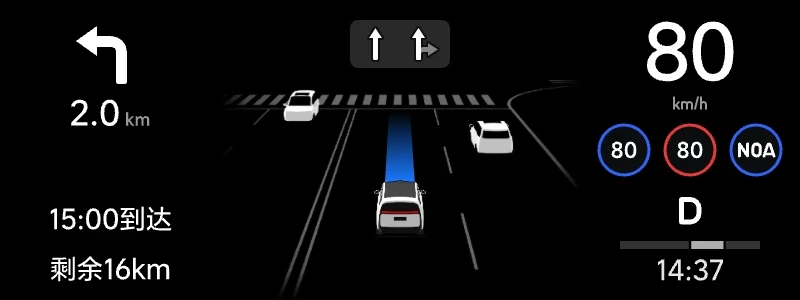 Проекционный дисплей (HUD) в компактном режиме карты: слева — упрощённая навигация (поворот, время прибытия, остаток пути), справа — скорость и ограничения