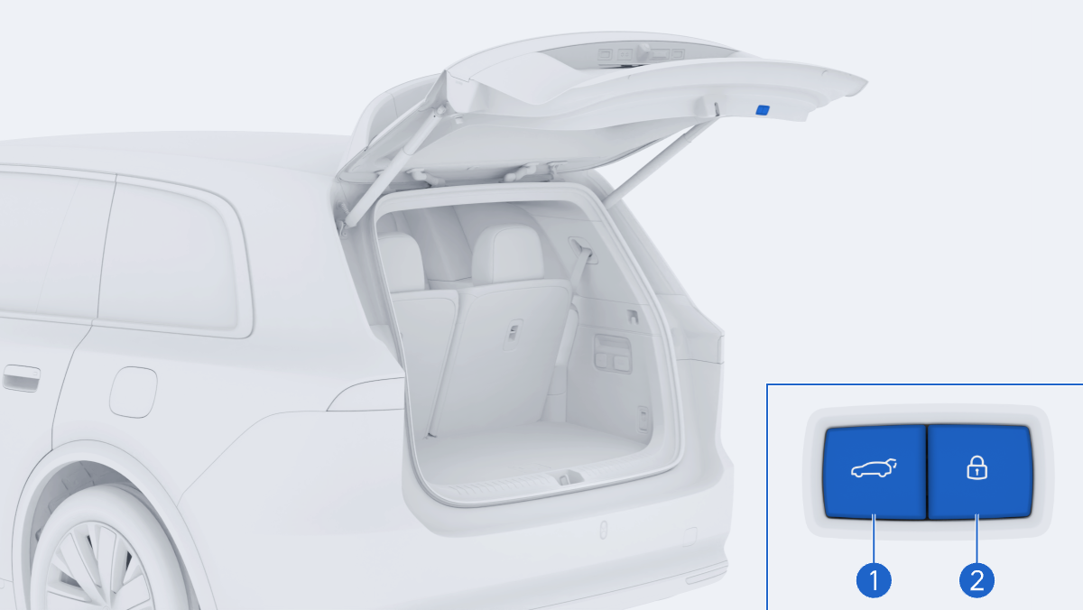 Во время закрытия багажника нажмите кнопку закрытия багажника 1 или 2, чтобы остановить процесс закрытия
